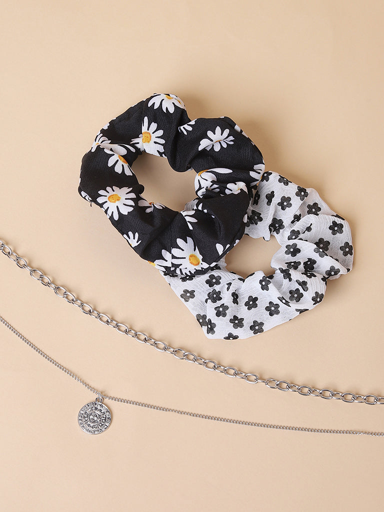 Misbu Black Floral Organza Scrunchy