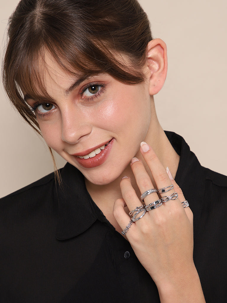 Xcite Exclusive Silver Finger Ring Set Of 8