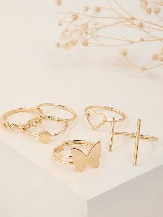 Misbu Butterfly Heart Signet Link Plain Gold Rings - Set of 2