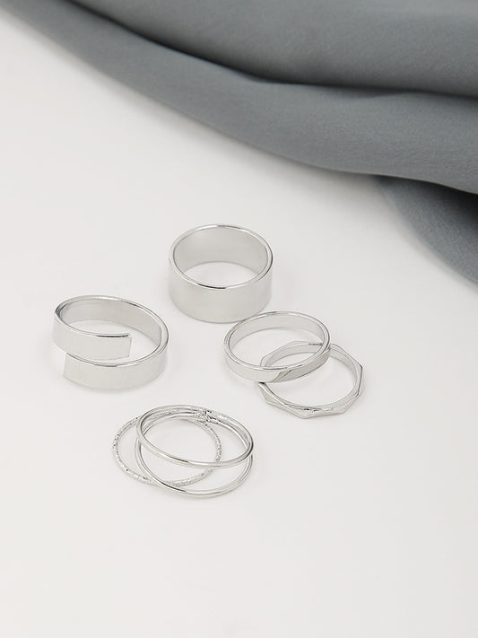 Misbu Broad and Thin Plain Silver Bands with Stones - Set of 7 Rings