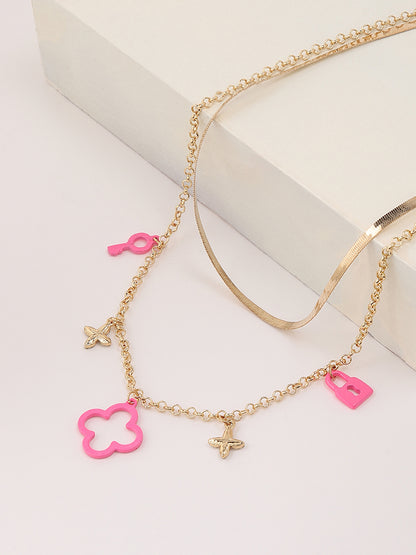 Misbu 2 Layer Necklace with Pink Snake and Link Chains