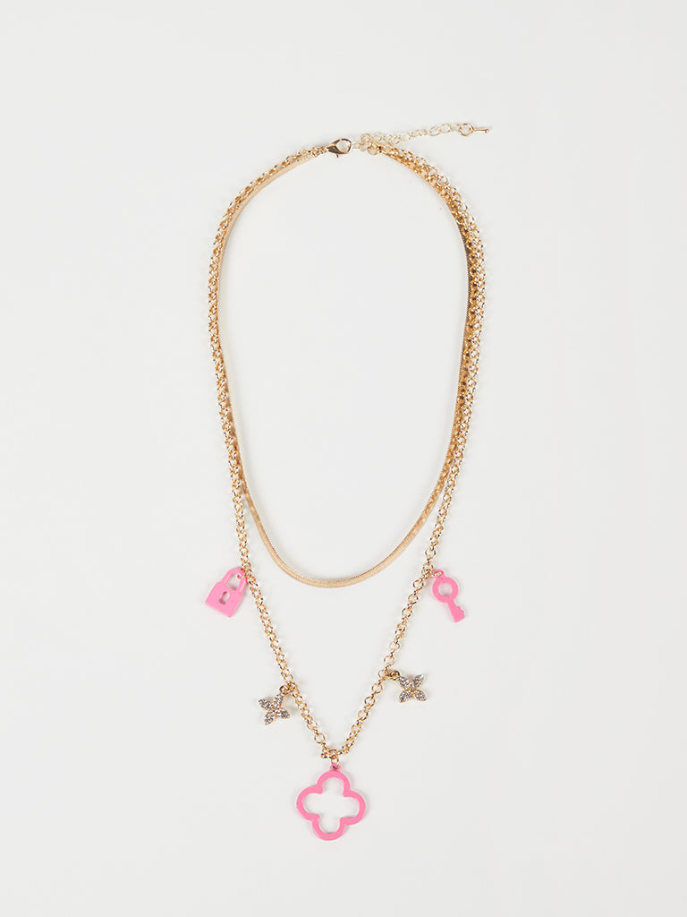 Misbu 2 Layer Necklace with Pink Snake and Link Chains