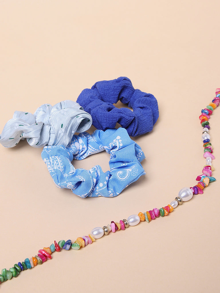 Misbu Blue Floral Scrunchies - Set of 3
